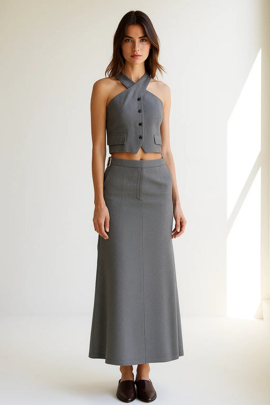 Ensemble Deux Pièces Gris | Top Croisé et Jupe Longue | Tailoring Moderne