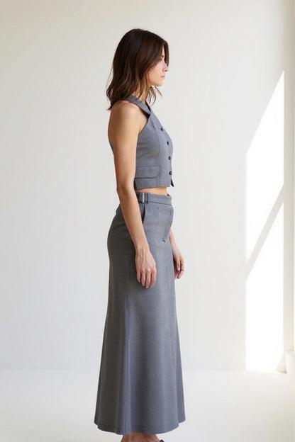 Ensemble Deux Pièces Gris | Top Croisé et Jupe Longue | Tailoring Moderne