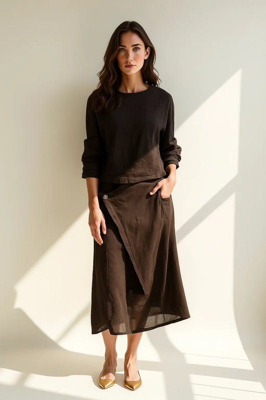 Ensemble Deux Pièces Lin | Haut Manches Longues et Jupe Asymétrique | Style Décontracté Chic