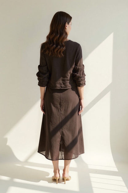 Ensemble Deux Pièces Lin | Haut Manches Longues et Jupe Asymétrique | Style Décontracté Chic