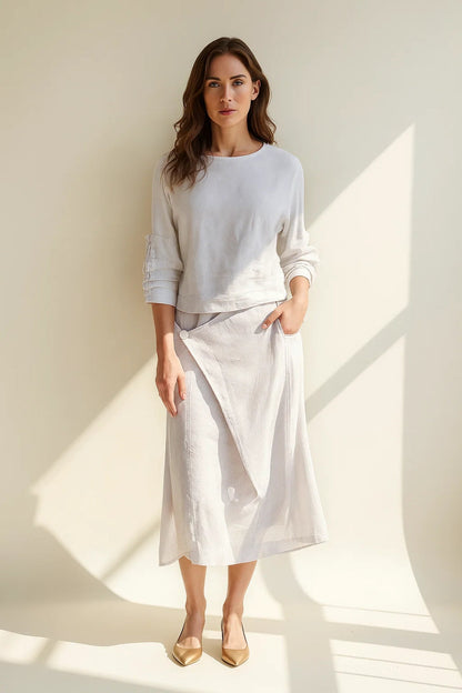 Ensemble Deux Pièces Lin | Haut Manches Longues et Jupe Asymétrique | Style Décontracté Chic