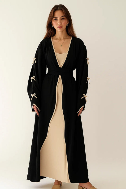 Ensemble Deux Pièces Long Robe et Cardigan | Noir et Beige | Élégant et Raffiné