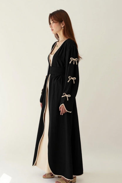 Ensemble Deux Pièces Long Robe et Cardigan | Noir et Beige | Élégant et Raffiné