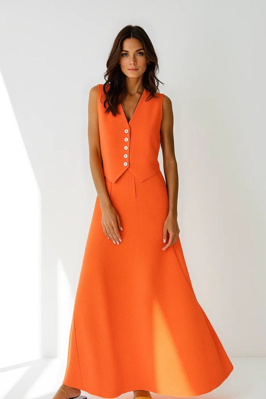 Ensemble Deux Pièces Orange | Gilet Sans Manches et Jupe Longue | Coupe Élégante et Moderne