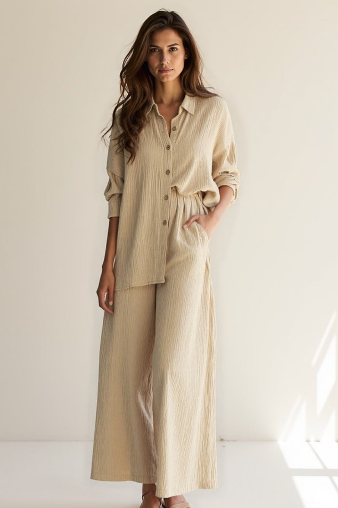 Ensemble Deux Pièces avec Chemise Boutonnée et Pantalon Large | Texture Gaufrée | Noir ou Beige Naturel