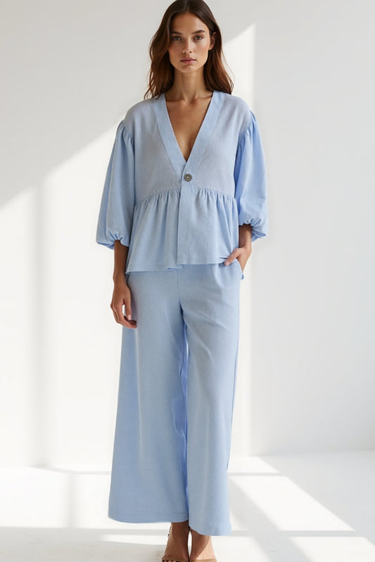 Ensemble Deux Pièces avec Haut à Manches Bouffantes et Pantalon Large | Élégance Décontractée | Noir ou Bleu Pastel