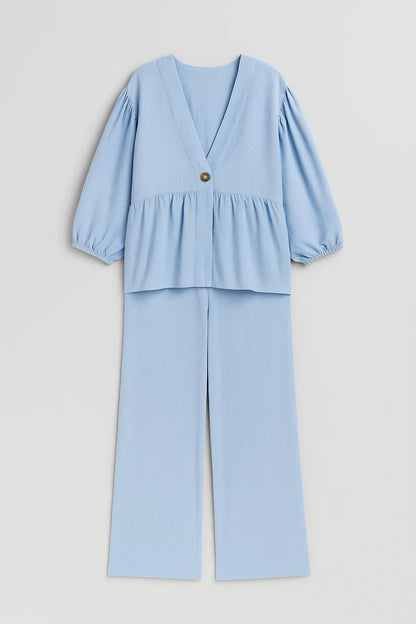 Ensemble Deux Pièces avec Haut à Manches Bouffantes et Pantalon Large | Élégance Décontractée | Noir ou Bleu Pastel