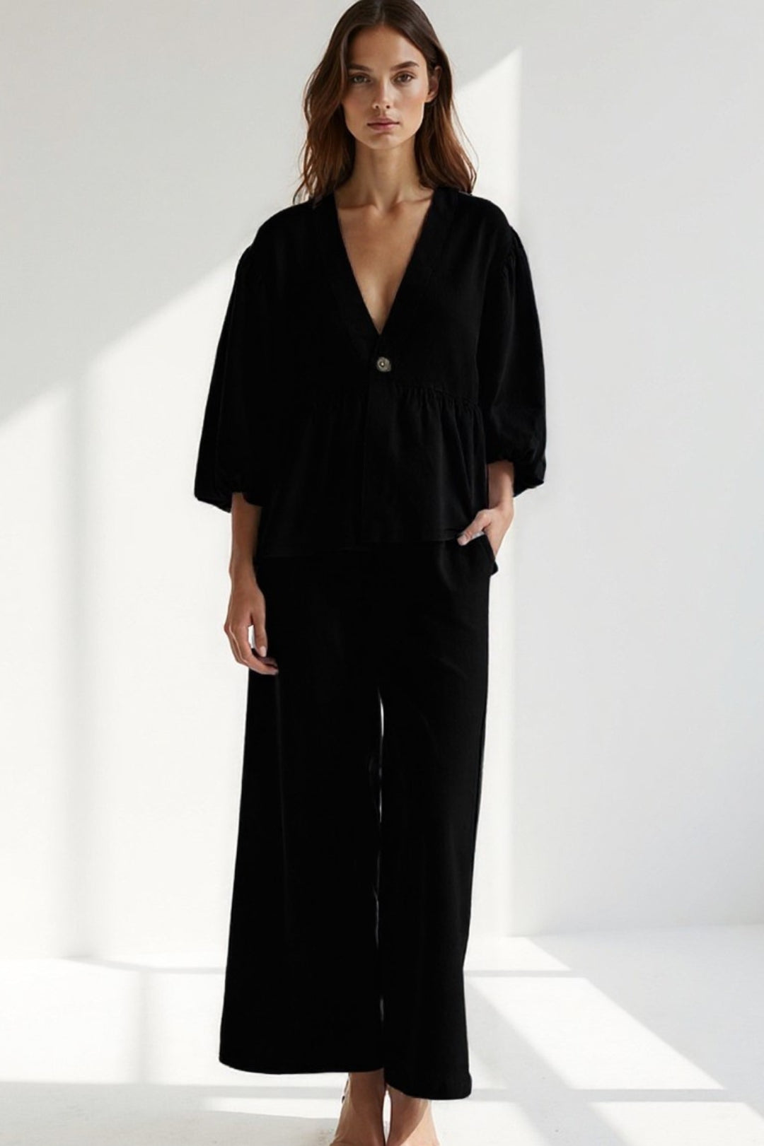 Ensemble Deux Pièces avec Haut à Manches Bouffantes et Pantalon Large | Élégance Décontractée | Noir ou Bleu Pastel
