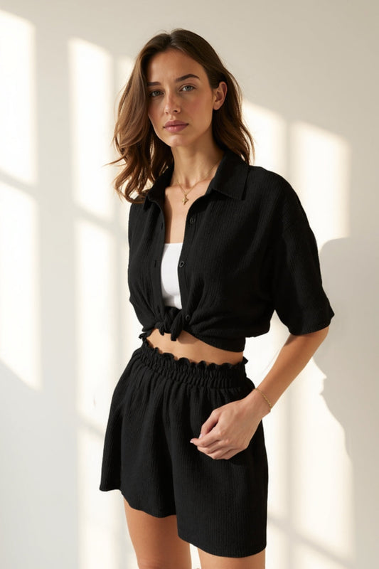 Ensemble Estival Deux Pièces | Chemise Nouée & Short Taille Élastique | Noir Texturé