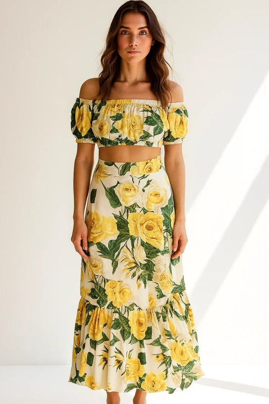Ensemble Fleuri | Épaules Dénudées | Style Bohème d’Été