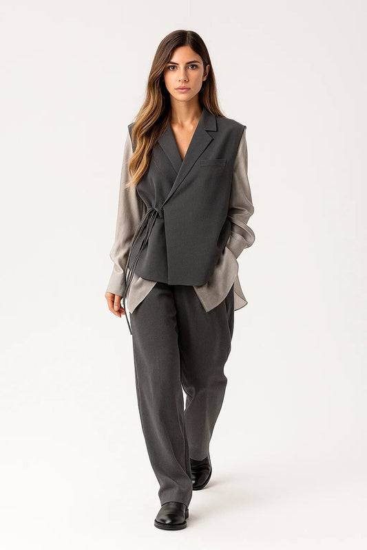Ensemble Gilet Sans Manches et Pantalon | Style Tailleur Décontracté | Gris Anthracite