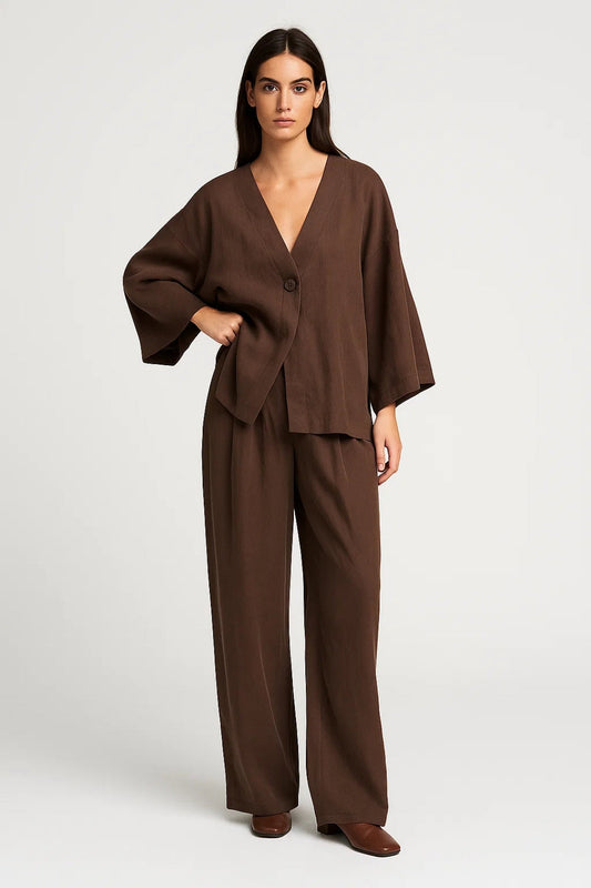 Ensemble Kimono et Pantalon | Lin Mélangé | Look Décontracté et Élégant