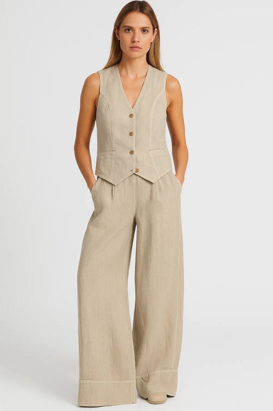 Ensemble Lin Femme | Gilet Cintré et Pantalon Large | Léger et Naturel