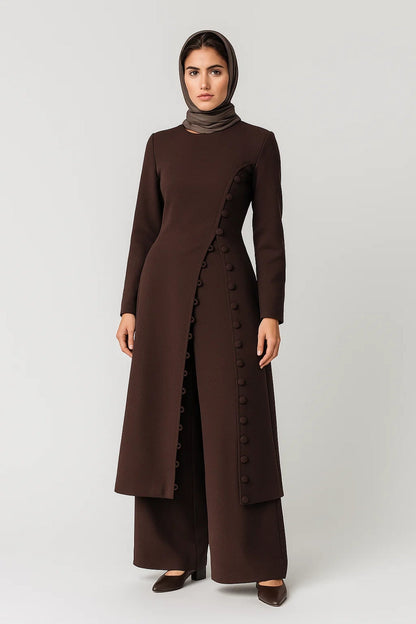 Ensemble Long Asymétrique avec Pantalon | Style Élégant Structuré | Marron Foncé