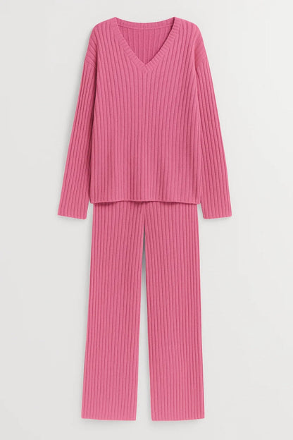 Ensemble Loungewear Côtelé | Haut à Col V et Pantalon Ample | Léger et Respirant