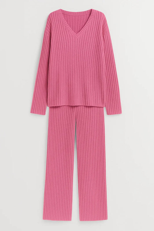 Ensemble Loungewear Côtelé | Haut à Col V et Pantalon Ample | Léger et Respirant