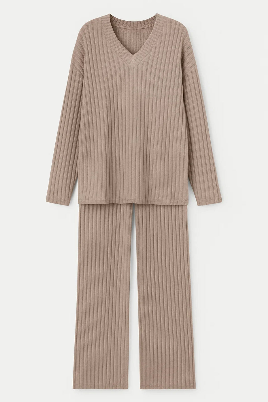Ensemble Loungewear Côtelé | Haut à Col V et Pantalon Ample | Léger et Respirant