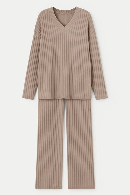 Ensemble Loungewear Côtelé | Haut à Col V et Pantalon Ample | Léger et Respirant
