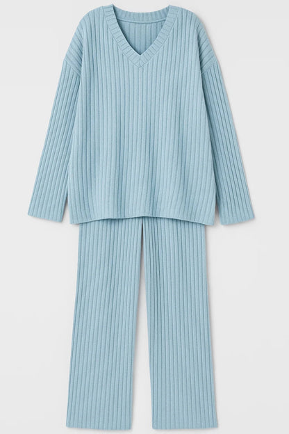 Ensemble Loungewear Côtelé | Haut à Col V et Pantalon Ample | Léger et Respirant