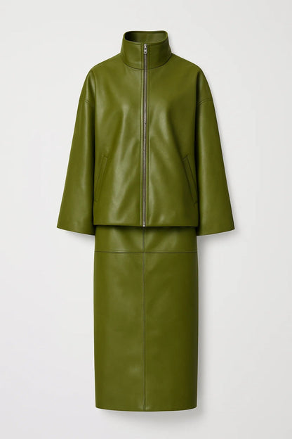 Ensemble Moderne | Veste zippée avec jupe midi assortie | Structure élégante et épurée