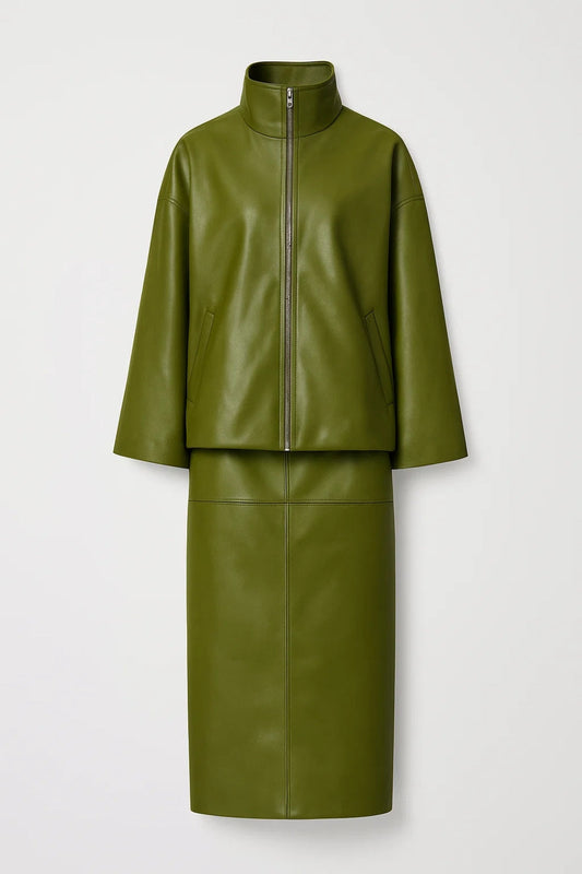 Ensemble Moderne | Veste zippée avec jupe midi assortie | Structure élégante et épurée