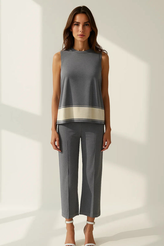 Ensemble Pantalon Coupe Droite et Haut Sans Manches | Gris avec Détail Beige | Chic et Confortable