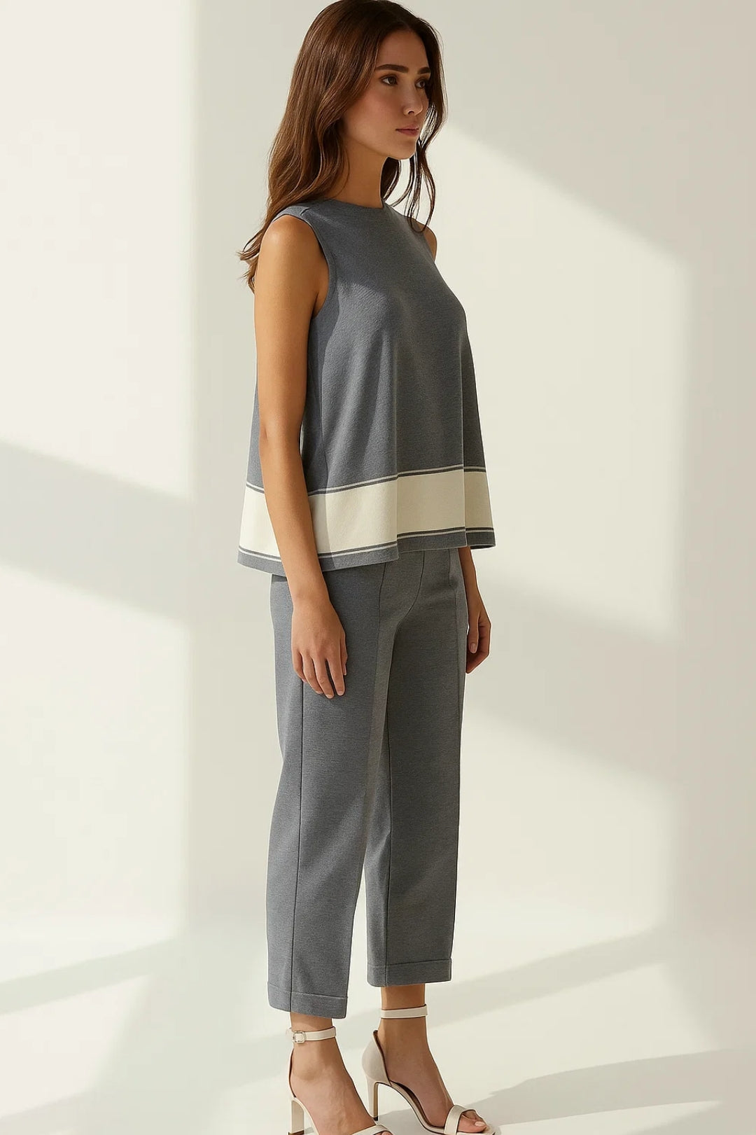 Ensemble Pantalon Coupe Droite et Haut Sans Manches | Gris avec Détail Beige | Chic et Confortable