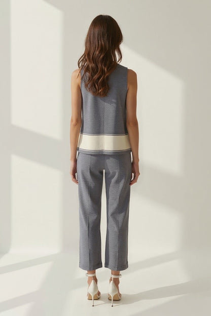 Ensemble Pantalon Coupe Droite et Haut Sans Manches | Gris avec Détail Beige | Chic et Confortable