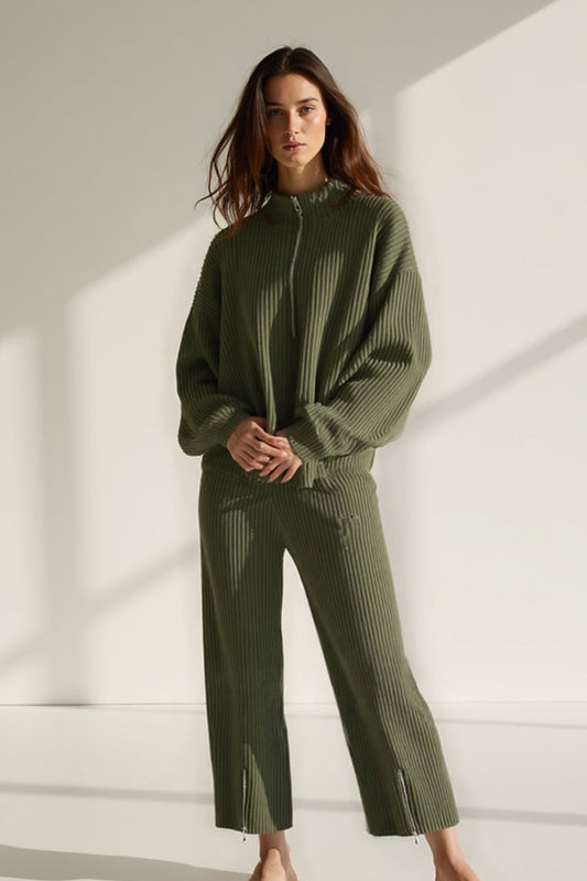 Ensemble Pantalon et Sweat Zippé en Maille Côtelée | Noir ou Vert Kaki | Décontracté et Confortable