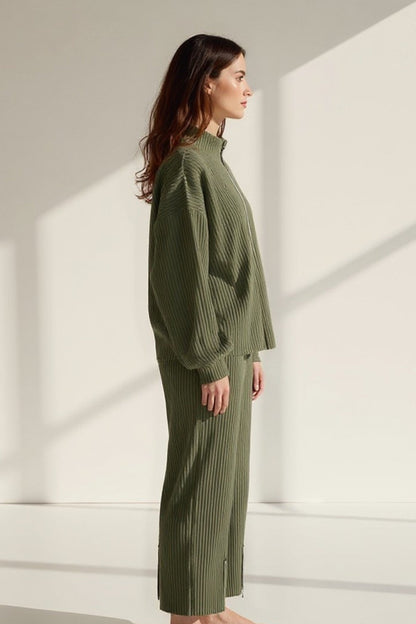 Ensemble Pantalon et Sweat Zippé en Maille Côtelée | Noir ou Vert Kaki | Décontracté et Confortable