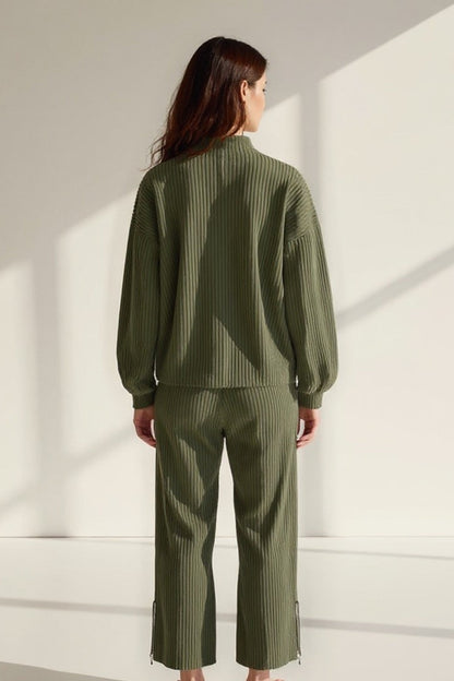 Ensemble Pantalon et Sweat Zippé en Maille Côtelée | Noir ou Vert Kaki | Décontracté et Confortable