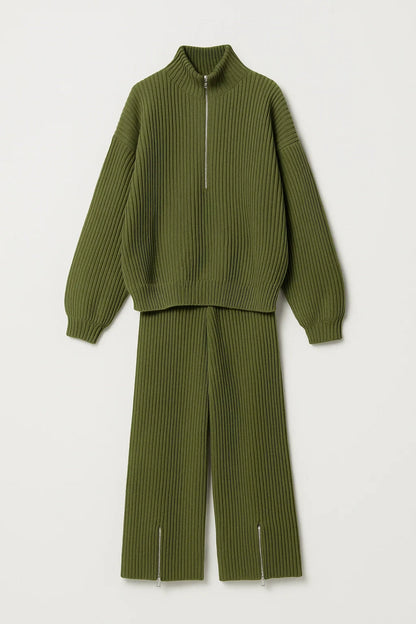 Ensemble Pantalon et Sweat Zippé en Maille Côtelée | Noir ou Vert Kaki | Décontracté et Confortable