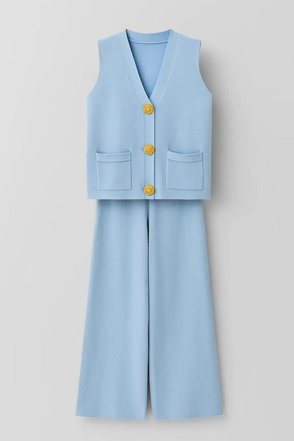 Ensemble Sans Manches Chic | Gilet Boutonné et Pantalon Large | Léger et Respirant