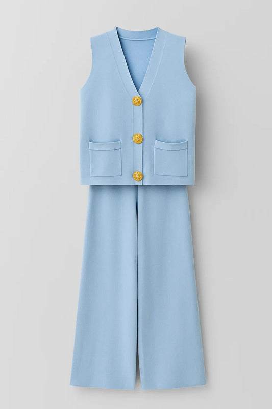 Ensemble Sans Manches Chic | Gilet Boutonné et Pantalon Large | Léger et Respirant