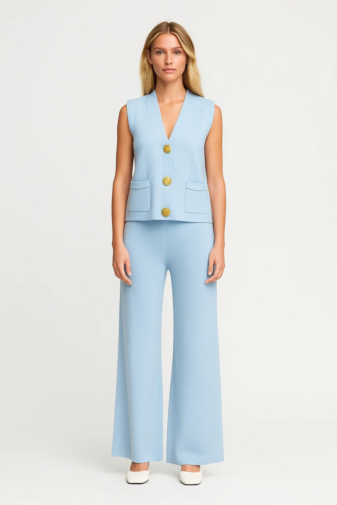 Ensemble Sans Manches Chic | Gilet Boutonné et Pantalon Large | Léger et Respirant