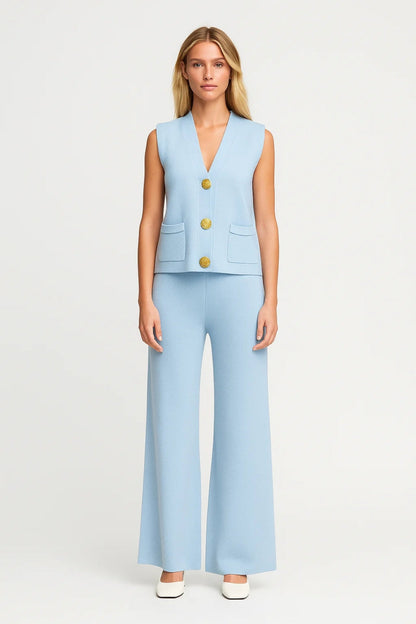 Ensemble Sans Manches Chic | Gilet Boutonné et Pantalon Large | Léger et Respirant