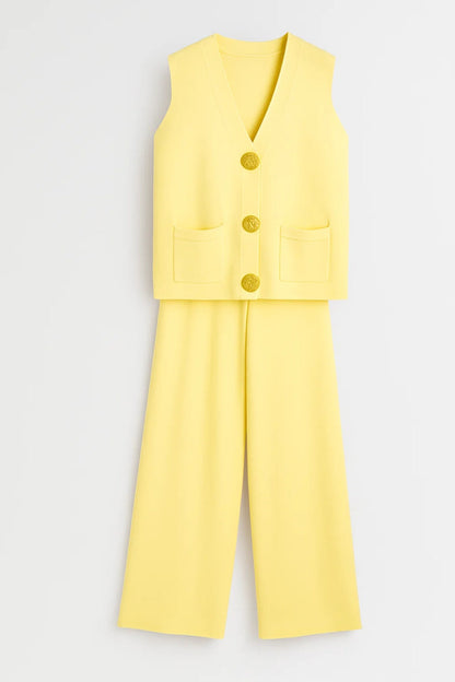 Ensemble Sans Manches Chic | Gilet Boutonné et Pantalon Large | Léger et Respirant