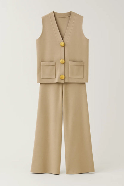 Ensemble Sans Manches Chic | Gilet Boutonné et Pantalon Large | Léger et Respirant