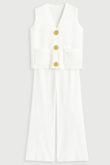 Ensemble Sans Manches Chic | Gilet Boutonné et Pantalon Large | Léger et Respirant