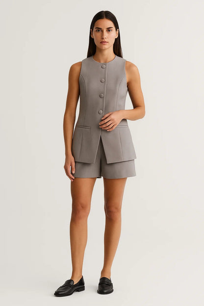 Ensemble Sans Manches Femme | Gilet Long et Short Coordonnés | Léger et Structuré
