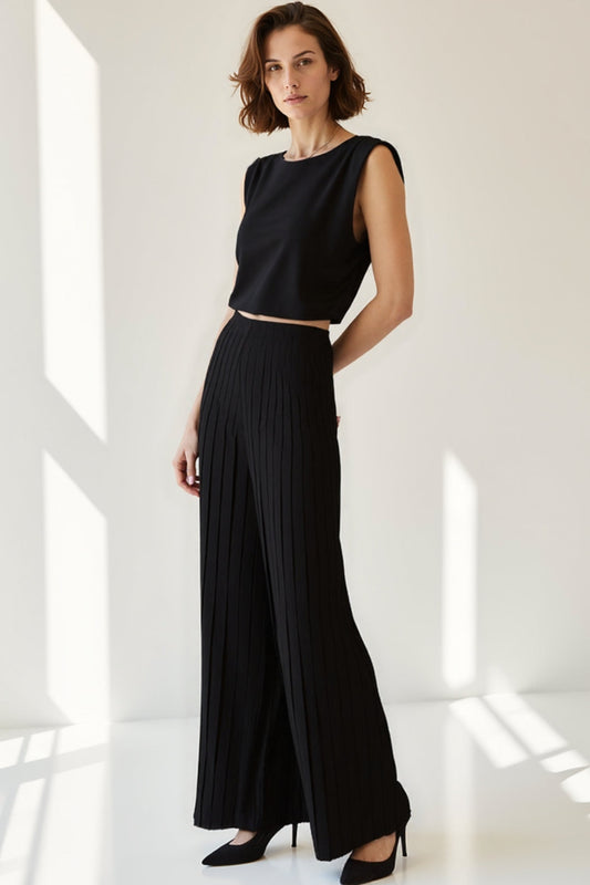 Ensemble Sans Manches à Pantalon Large Plissé | Léger et Élégant | Disponible en Noir et Blanc