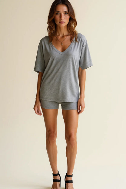 Ensemble T-shirt Col V et Short Court | Jersey Doux | Confort Décontracté