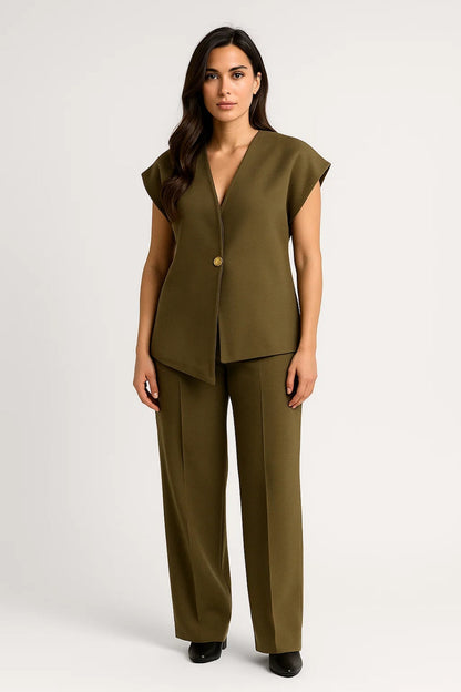 Ensemble Tailleur Moderne Femme | Haut Sans Manches Boutonné et Pantalon Droit | Structuré et Élégant