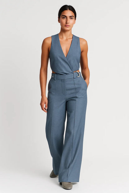 Ensemble Tailleur Sans Manches Femme | Haut Croisé Ceinturé et Pantalon Large | Moderne et Structuré