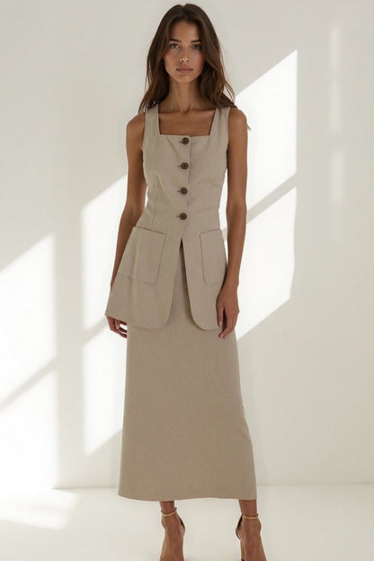 Ensemble Tailleur Élégant Deux Pièces | Gilet Long & Jupe Midi | Beige Naturel