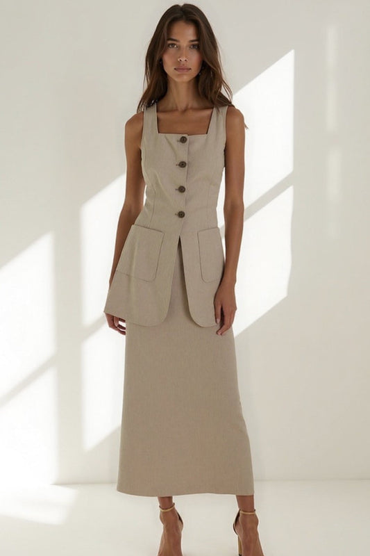 Ensemble Tailleur Élégant Deux Pièces | Gilet Long & Jupe Midi | Beige Naturel