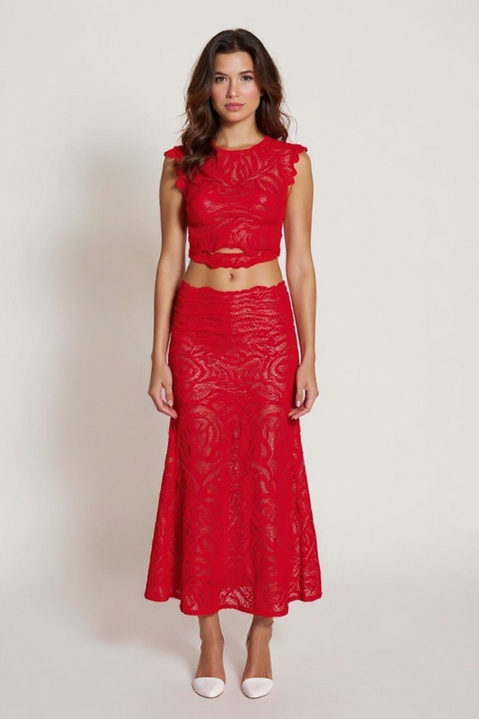 Ensemble Top et Jupe Femme | Dentelle Rouge Élégante | Coupe Cintrée Féminine
