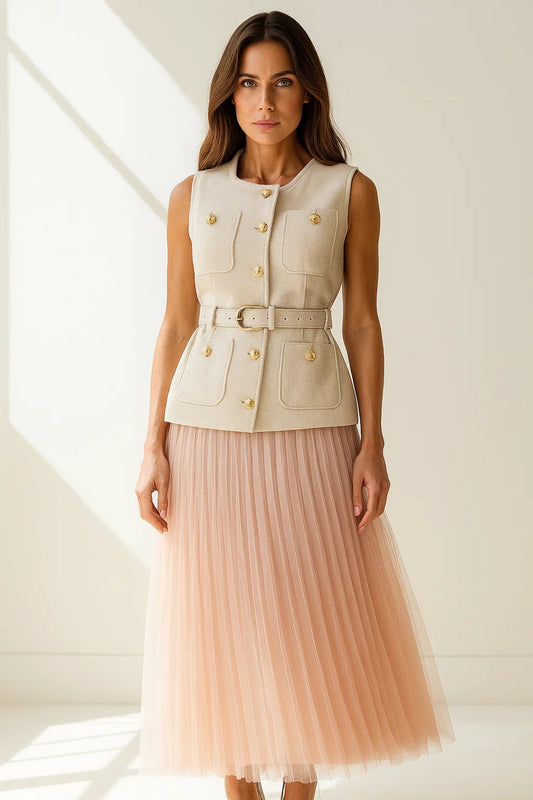 Ensemble Élégant Deux Pièces | Gilet Structuré & Jupe Plissée en Tulle | Tendance Féminine