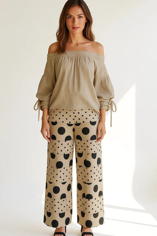 Ensemble Épaules Dénudées et Pantalon à Pois | Look Artistique | Beige et Noir
