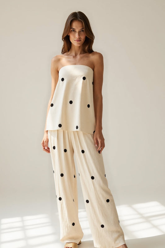 Ensemble top bustier et pantalon à pois | Tissu léger | Confort et élégance estivale